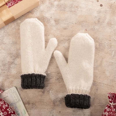 100% alpaca mittens, 'Grey Skies' - Hand Crafted Grey and White 100% Alpaca Reversible Mittens