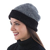 100% alpaca reversible hat, 'Shadows at Dusk' - Reversible Grey and Black 100% Alpaca Hat Knitted by Hand