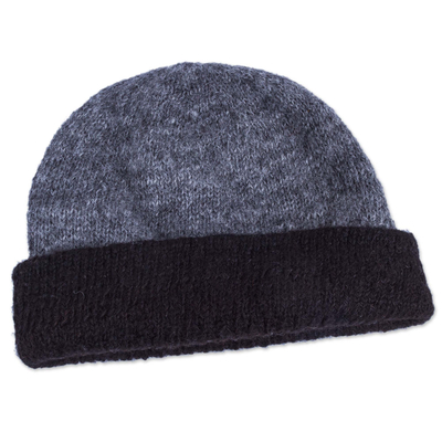 100% alpaca reversible hat, 'Shadows at Dusk' - Reversible Grey and Black 100% Alpaca Hat Knitted by Hand