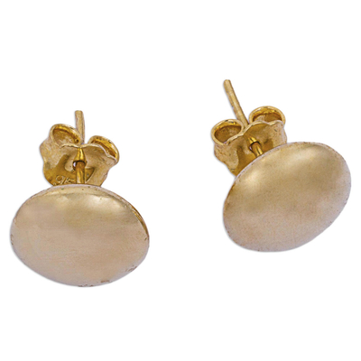 Gold plated button earrings, 'Golden Lentil' - Contemporary Silver Button Earrings Bathed in 18k Gold