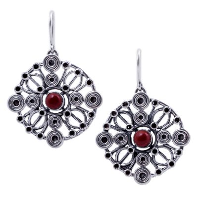 Ornate Circular 950 Silver Dangle Earrings with Jasper
