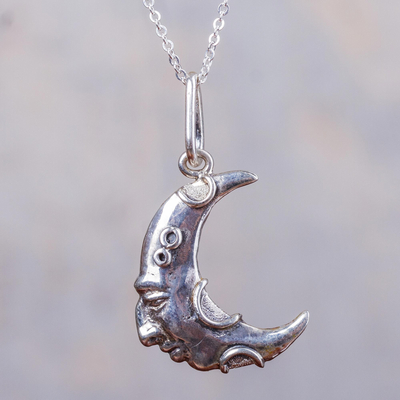 Silver pendant necklace, 'Ebb Moon' - Andean Artisan Crafted 950 Silver Moon Pendant Necklace