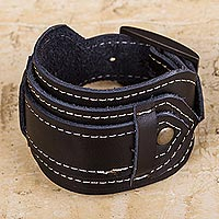 Artisan Crafted Black Leather Wristband Bracelet from Peru,'Rugged Black'