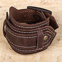 Leather wristband bracelet, 'Rugged Brown' - Unisex Dark Brown Leather Wristband Bracelet with Buckle
