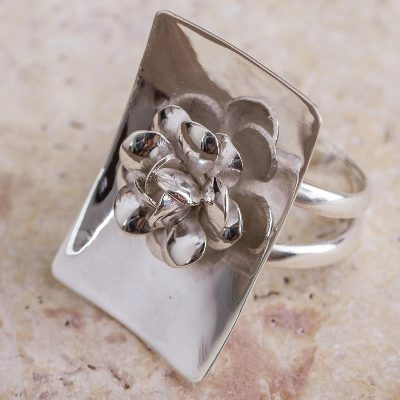 Sterling silver flower ring, 'Renaissance Rose' - Rose Ring High Polished Sterling Silver Peru Flower Jewelry