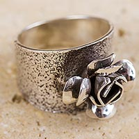 Sterling silver flower ring, 'Goth Fairy Rose' - Antiqued Sterling Silver Rose Band Ring from Peru