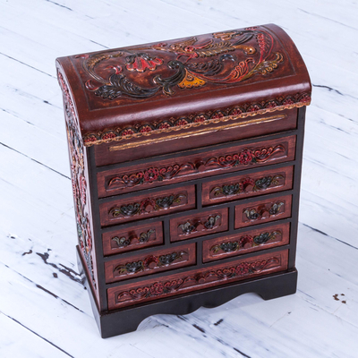 Wood and leather jewelry box, Garden Hummingbirds