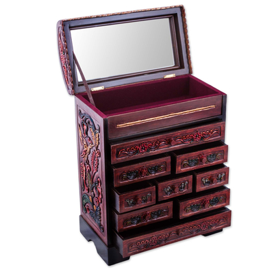 Wood and leather jewelry box, 'Garden Hummingbirds' - Peruvian Hand Carved Cedar Wood Jewelry Box with Mirror