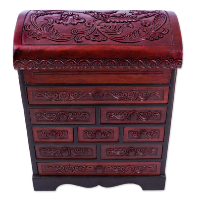 Wood and leather jewelry box, 'Hummingbirds' - Hand Crafted Cedar Wood Jewelry Box with Floral Motif