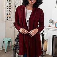 Artisan Crafted 100% Baby Alpaca Red Cardigan Duster,'Cranberry Red'