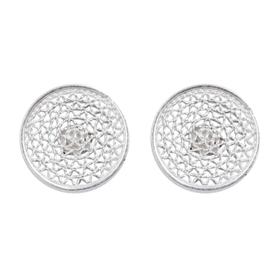 Sterling silver filigree button earrings, 'Hypnotic Mirrors' - Round Filigree Button Earrings Peruvian 925 Silver Jewelry