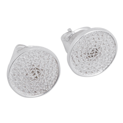 Sterling silver filigree button earrings, 'Hypnotic Mirrors' - Round Filigree Button Earrings Peruvian 925 Silver Jewelry