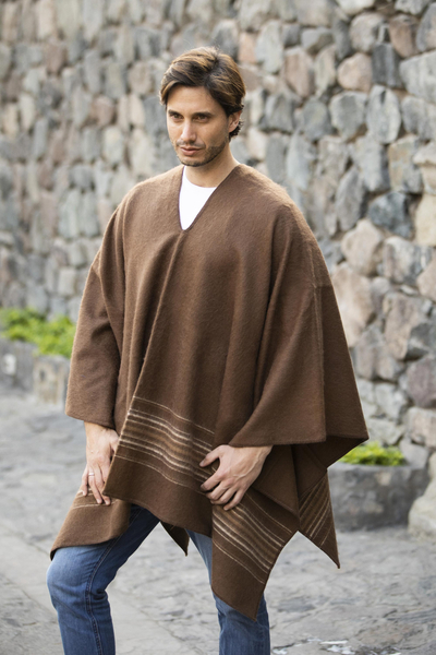 Artisan Crafted Men's Brown Alpaca Blend Poncho from Peru - Peaceful ...