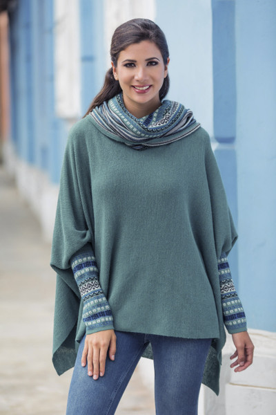 100% alpaca poncho, 'Teal Trends' - Teal 100% Baby Alpaca Fair Isle Knit Poncho