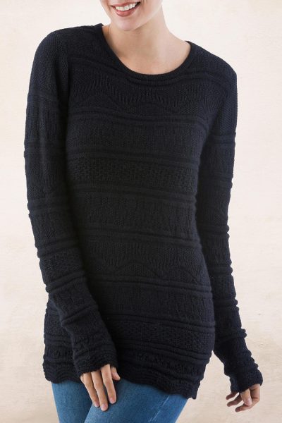 100% baby alpaca sweater, 'Dark Mountain' - Black Geometric Knit Baby Alpaca Pullover Sweater
