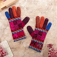 100% alpaca gloves, 'Peruvian Patchwork in Magenta' - Artisan Crafted 100% Alpaca Multi-Colored Gloves from Peru