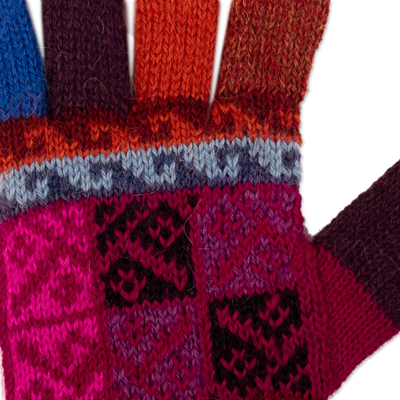 100% alpaca gloves, 'Peruvian Patchwork in Magenta' - Artisan Crafted 100% Alpaca Multi-Colored Gloves from Peru