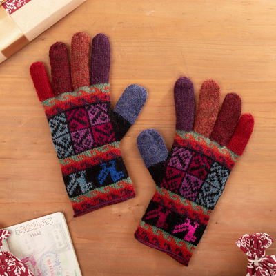 100% alpaca gloves, 'Bright Tradition' - Artisan Crafted 100% Alpaca Colorful Gloves from Peru
