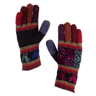 100% alpaca gloves, 'Bright Tradition' - Artisan Crafted 100% Alpaca Colorful Gloves from Peru