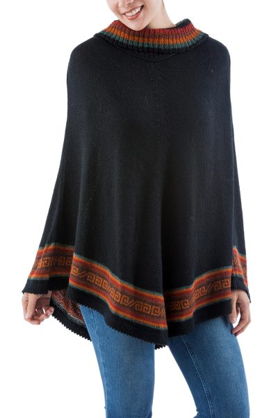Alpaca blend poncho, 'Nocturnal Inca' - Black Alpaca Blend Turtleneck Poncho with Inca Glyphs