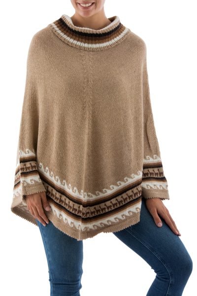 Alpaca blend turtleneck poncho, 'Cuzco Llamas' - Llamas on Alpaca Blend Turtleneck Poncho in Earth Tones