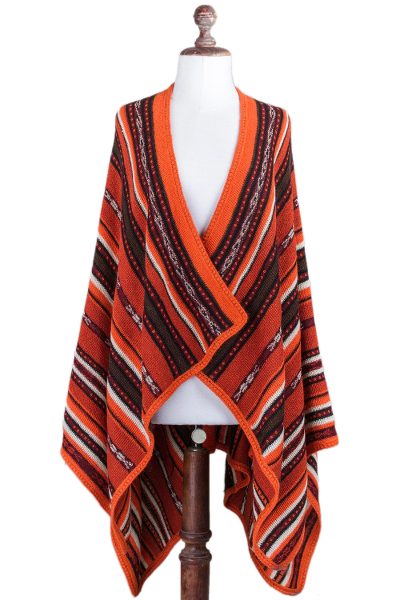100% alpaca kimono ruana, 'Classic Stripe in Orange' - Artisan Crafted 100% Alpaca Striped Kimono Ruana in Orange
