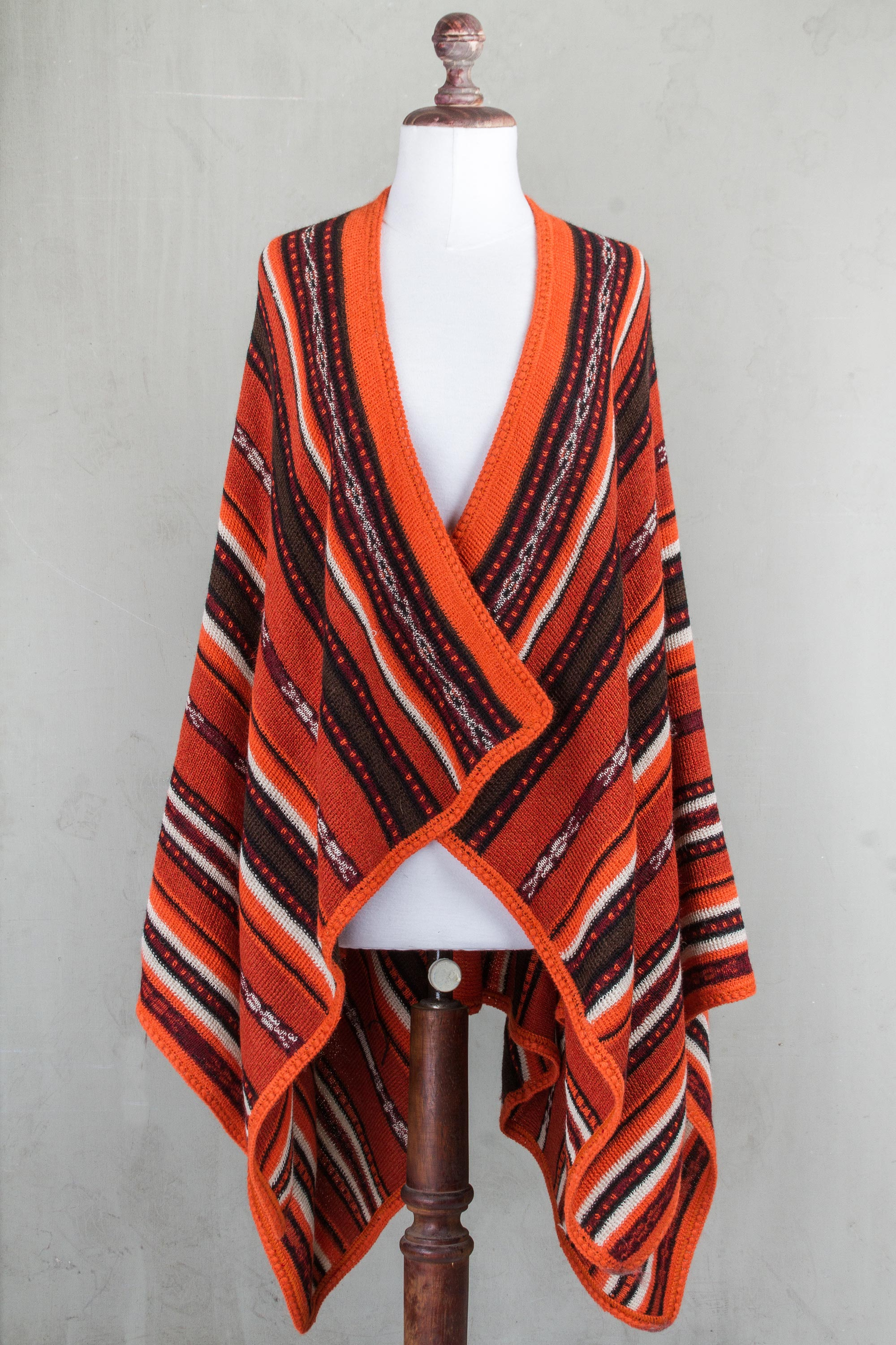 Artisan Crafted 100% Alpaca Striped Kimono Ruana in Orange - Classic ...