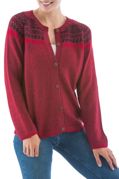 Alpaca blend cardigan, 'Crimson Iconography' - Warm Red Alpaca Blend Cardigan with Wood Buttons