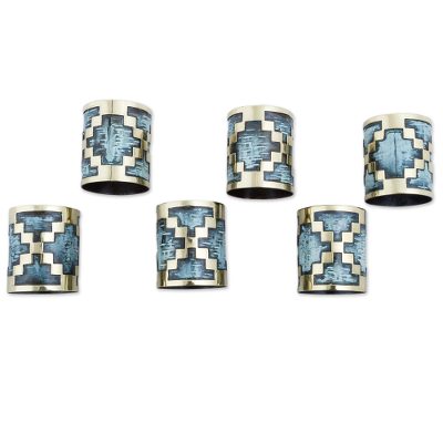 Bronze and copper napkin rings, 'Chakana Cross' (set of 6) - 6 Bronze and Copper Artisan Crafted Inca Theme Napkin Rings