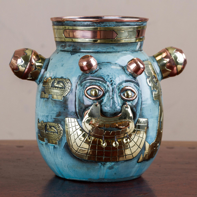 Copper and bronze decorative vase, 'Crying Cat' - Peru Tiahuanaco Culture Cat Vase in Copper and Bronze