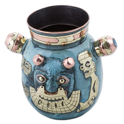 Copper and bronze decorative vase, 'Crying Cat' - Peru Tiahuanaco Culture Cat Vase in Copper and Bronze