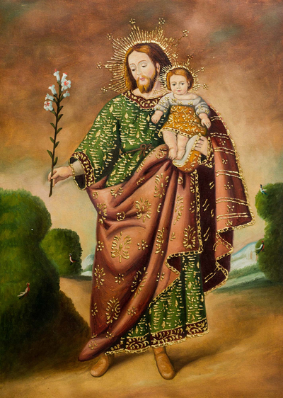 'Saint Joseph and the Child' - Colonial Religious Christian Art of Saint Joseph and Jesus