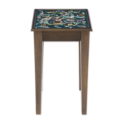 Cedar and painted glass accent table, 'Birds in the Heavens' - Hand Painted Glass Top Wood Accent Table