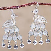 Sterling silver chandelier earrings, 'Filigree Peacock' - Andean Silver Filigree Peacock Theme Chandelier Earrings
