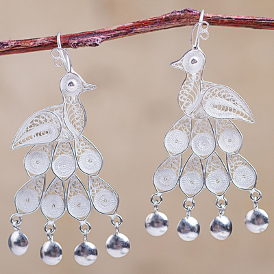 Sterling silver chandelier earrings, Filigree Peacock