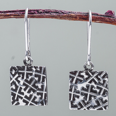 Sterling silver dangle earrings, 'Clover Crosses' - 925 Sterling Silver Square Earrings with Clovers from Peru