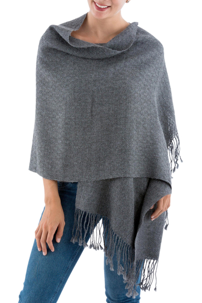 100% alpaca shawl, 'Timeless in Charcoal' - Backstrap Loom Handwoven Alpaca Shawl in Charcoal Grey