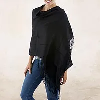 100% alpaca shawl, 'Timeless in Black' - Black Baby Alpaca Handwoven Peruvian Shawl