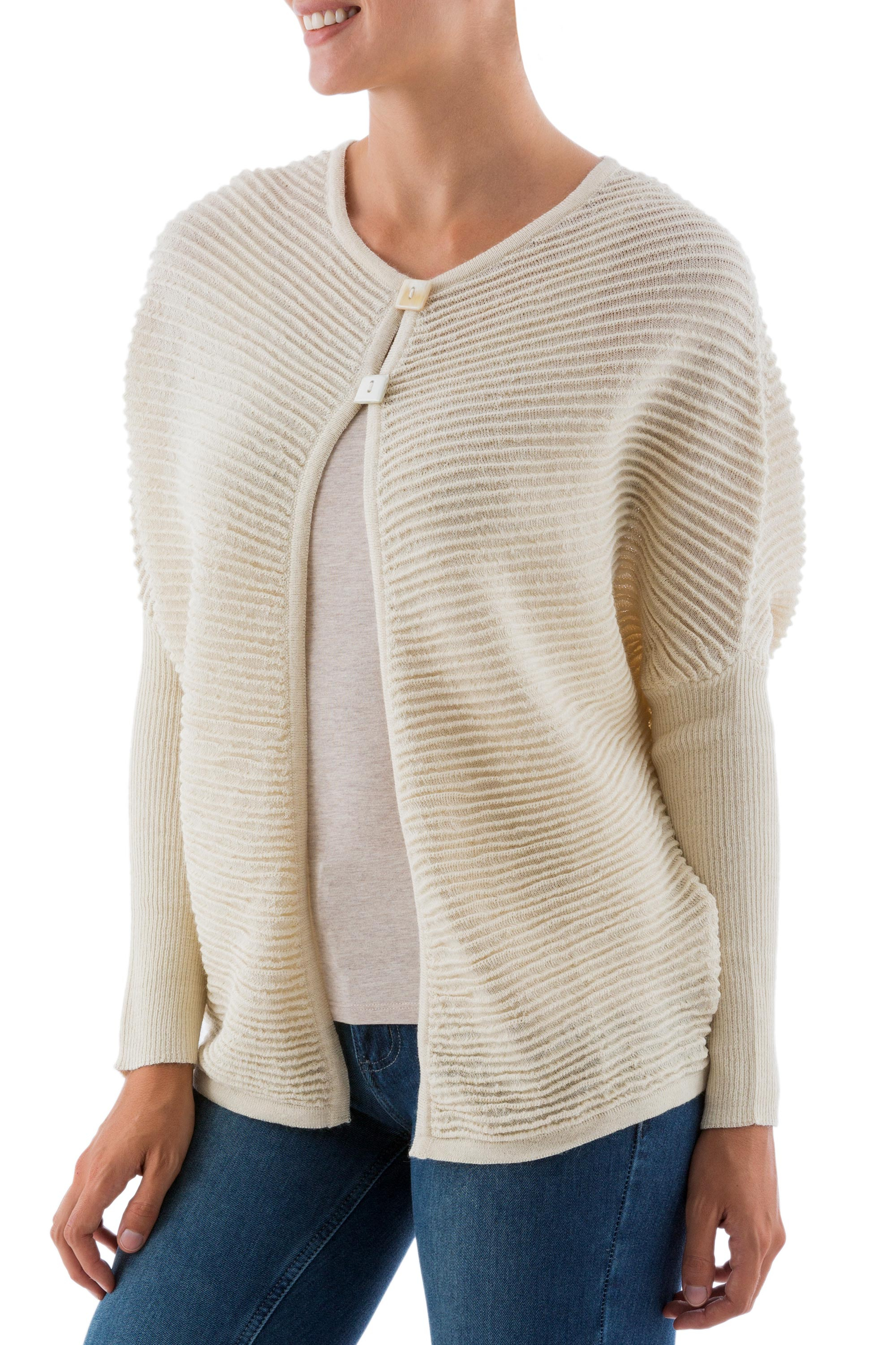 Ottoman Stitch Ivory Cardigan in 100% Andean Alpaca - Ribbed Ivory ...