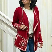 100% alpaca cardigan, 'Glyph Stars' - Red Alpaca Wool Cardigan with White Glyph Stars from Peru