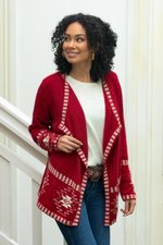 100% alpaca cardigan, 'Glyph Stars' - Red Alpaca Wool Cardigan with White Glyph Stars from Peru
