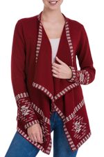 100% alpaca cardigan, 'Glyph Stars' - Red Alpaca Wool Cardigan with White Glyph Stars from Peru