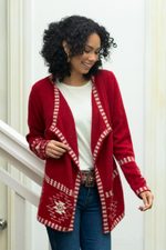 100% alpaca cardigan, 'Glyph Stars' - Red Alpaca Wool Cardigan with White Glyph Stars from Peru