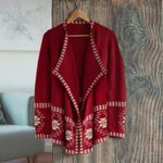 100% alpaca cardigan, 'Glyph Stars' - Red Alpaca Wool Cardigan with White Glyph Stars from Peru