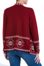 100% alpaca cardigan, 'Glyph Stars' - Red Alpaca Wool Cardigan with White Glyph Stars from Peru