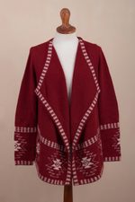 100% alpaca cardigan, 'Glyph Stars' - Red Alpaca Wool Cardigan with White Glyph Stars from Peru