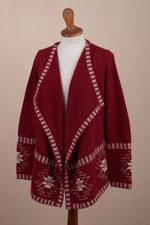 100% alpaca cardigan, 'Glyph Stars' - Red Alpaca Wool Cardigan with White Glyph Stars from Peru