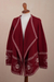 100% alpaca cardigan, 'Glyph Stars' - Red Alpaca Wool Cardigan with White Glyph Stars from Peru (image 2f) thumbail