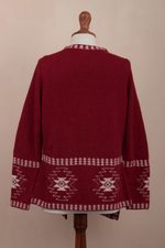 100% alpaca cardigan, 'Glyph Stars' - Red Alpaca Wool Cardigan with White Glyph Stars from Peru