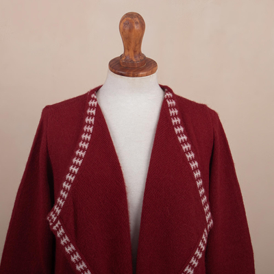 100% alpaca cardigan, 'Glyph Stars' - Red Alpaca Wool Cardigan with White Glyph Stars from Peru
